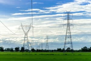 high voltage electric pole,High voltage power pole on blue sky background