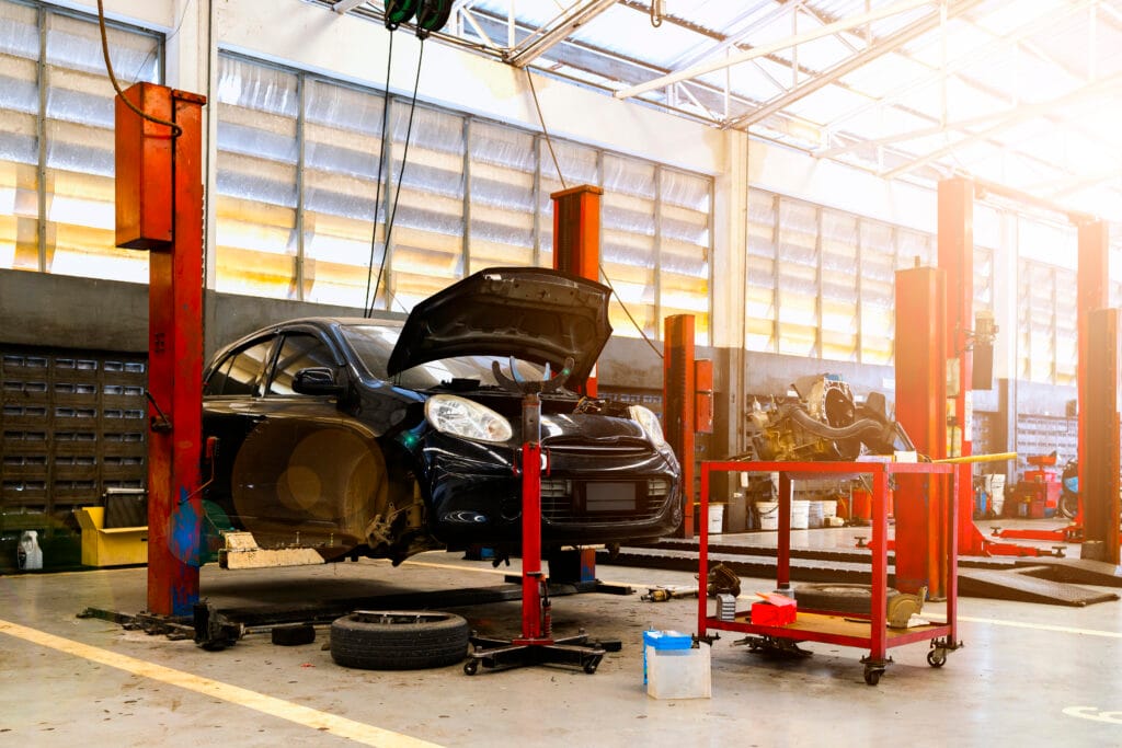 car repair garage service station with softfocus light background
